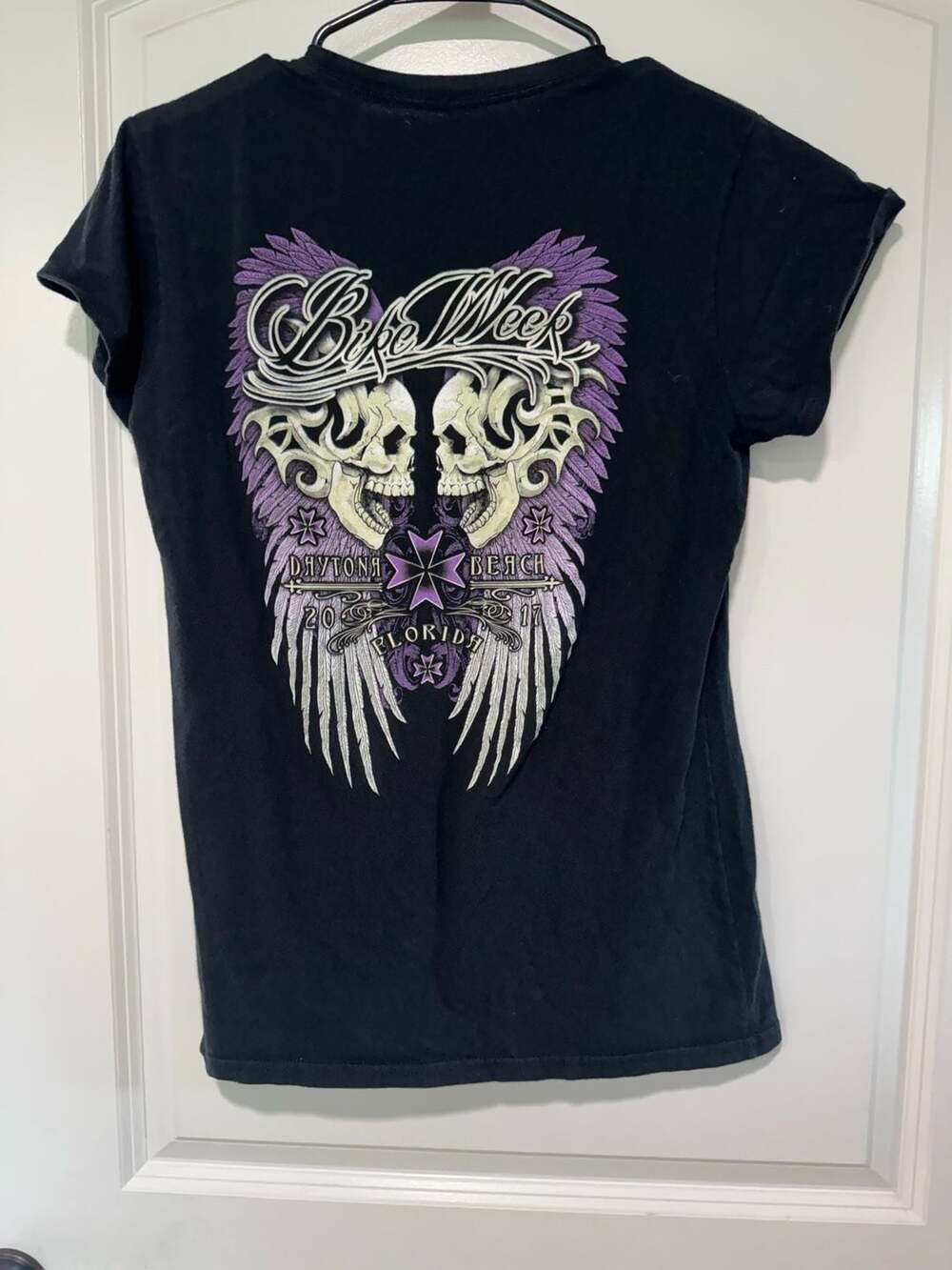 Bike Week Daytona Beach 2017 Skull Wings Biker Moto Grunge Tee Women’s M